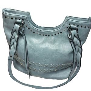 Sam & Hadley Faux-Leather Purse Teal Handbag Braided Studded Tassels Boho Tote